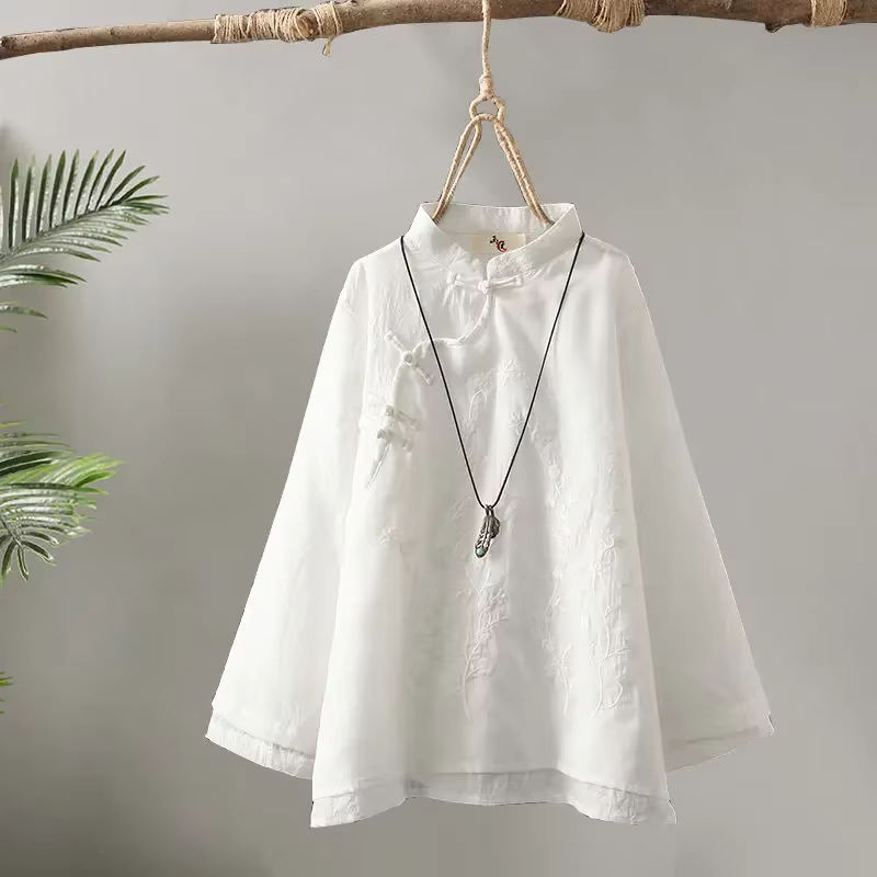Zen Intent – chemise en coton brodée de style chinois artistique et vintage pour femmes, coupe ample