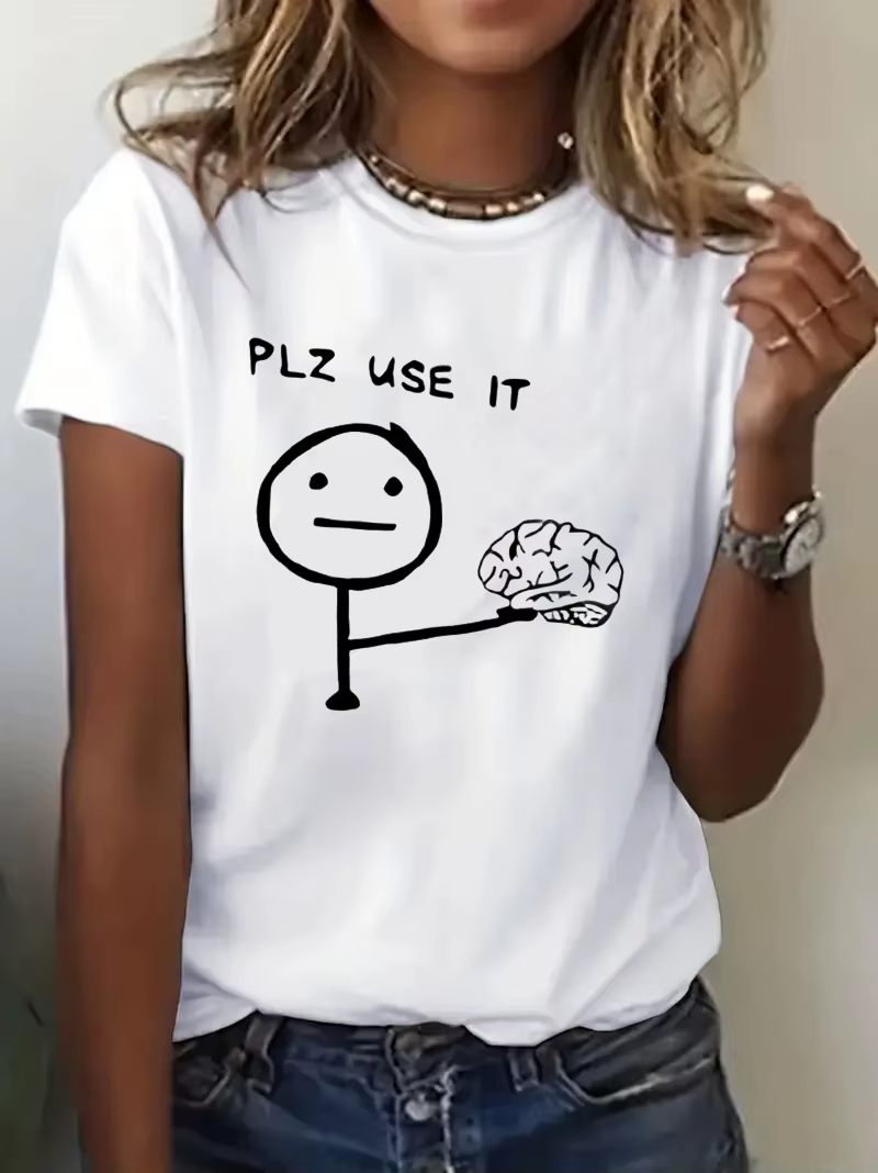 T-shirt humoristique avec impression cérébrale « PLZ USE IT », à manches courtes, vêtement d'été pou