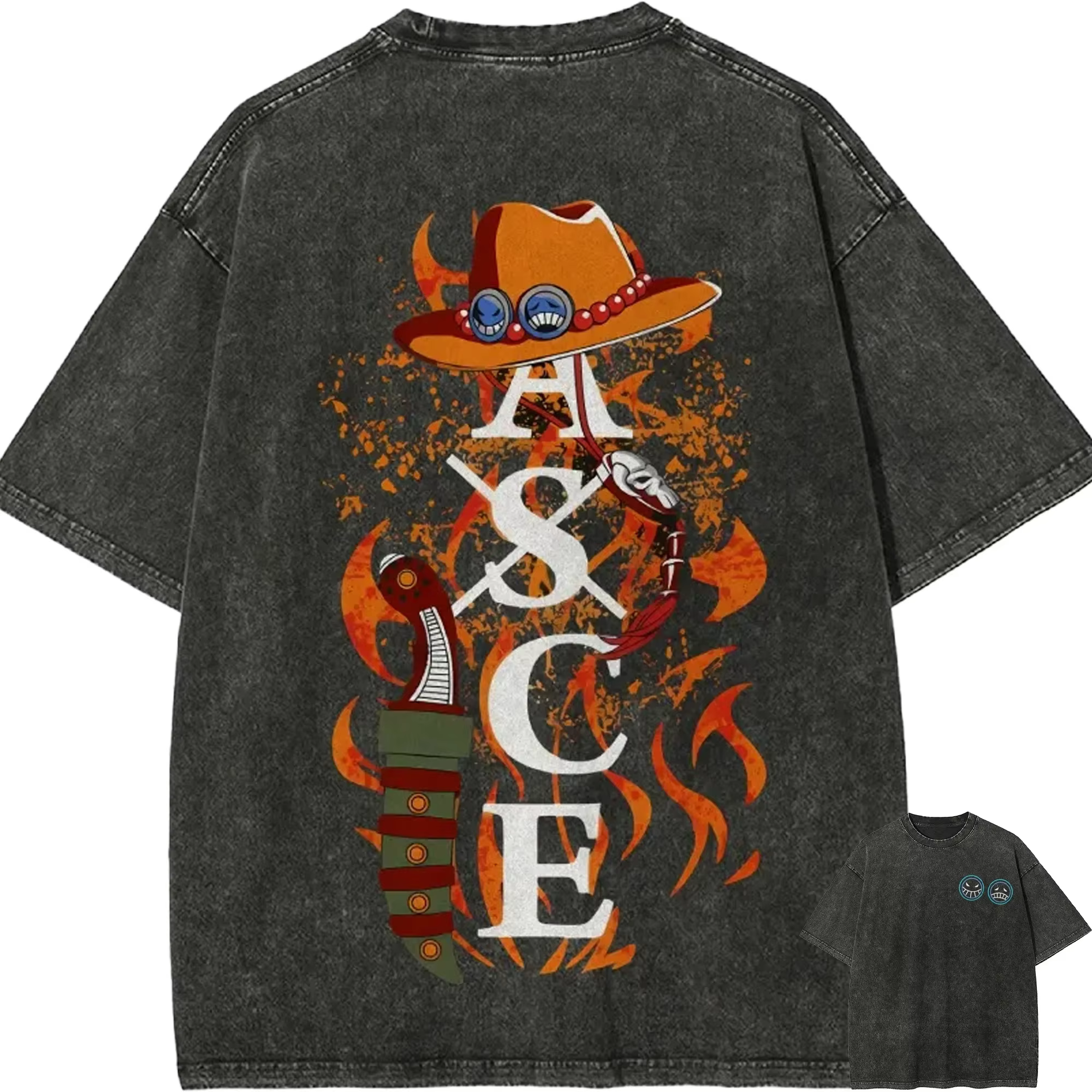 T-shirt Ace One Piece ASCE Tatouage Feu Vintage Délavé Streetwear Oversize Rétro Anime Japonais Grap
