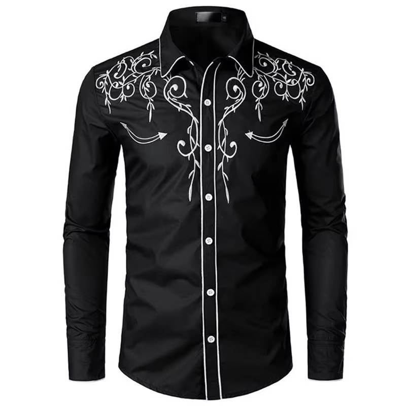 Chemise brodée rétro pour hommes, Cowboy occidental, manches longues, Slim, mode décontractée, col m