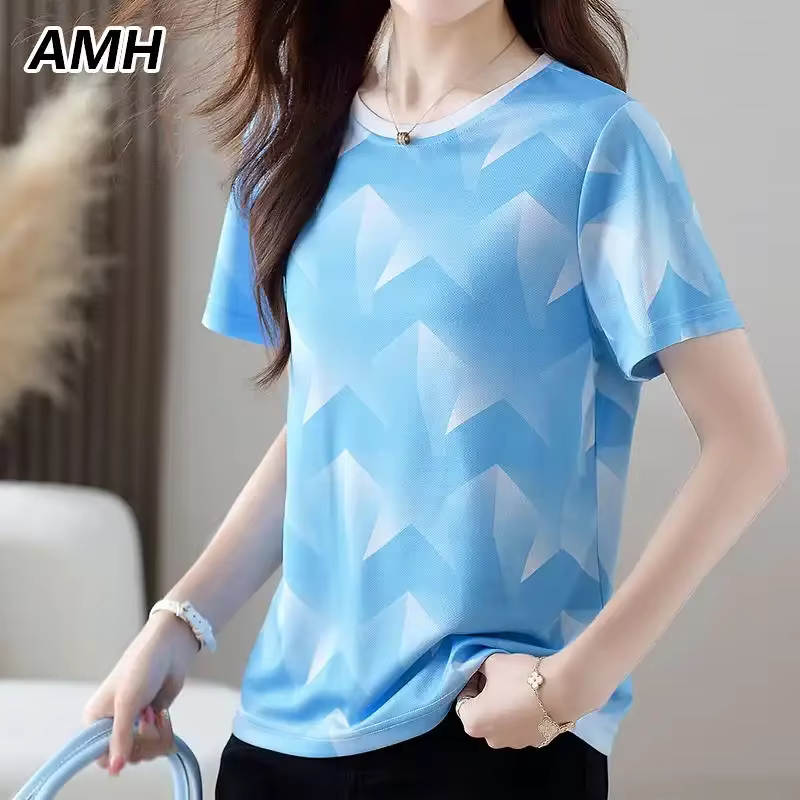T-shirt à manches courtes pour femmes, imprimé géométrique bleu clair, ample, à séchage rapide, déco