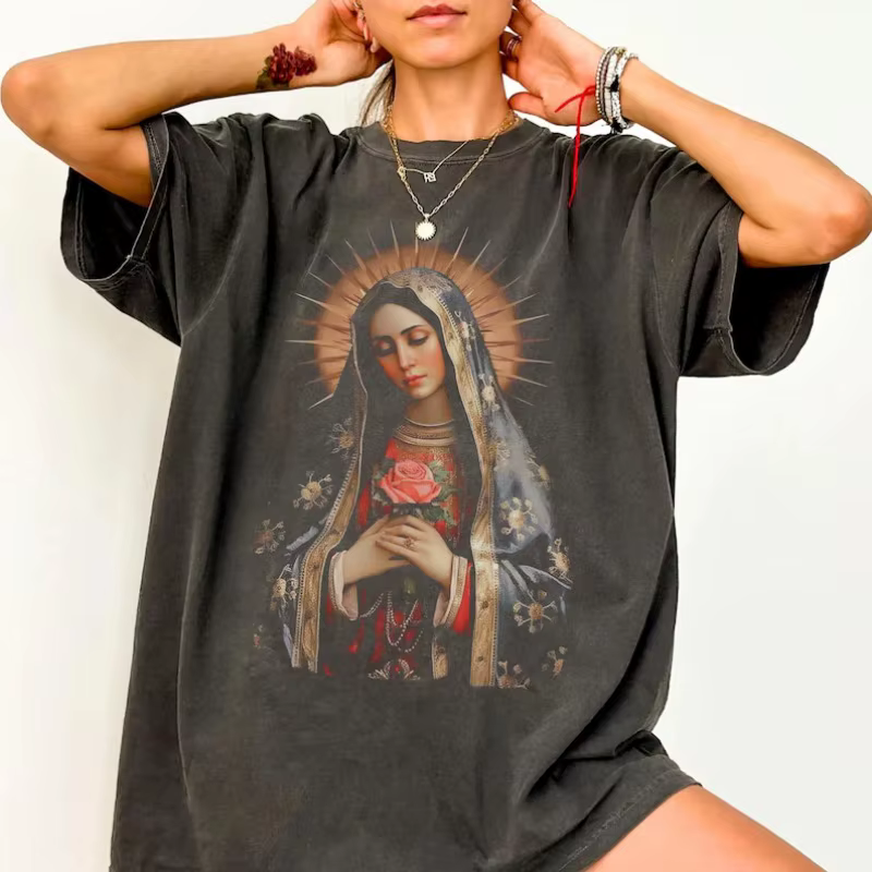 T-Shirt Vintage vierge marie pour femmes et hommes, unisexe, surdimensionné, ample, manches courtes,