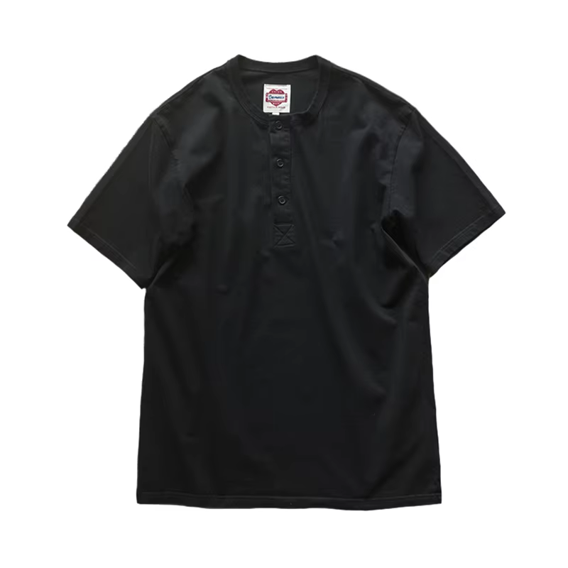 Amekaji élégant Vintage Americana Henley t-shirt-260gsm coton lavé chemise à manches courtes été en 
