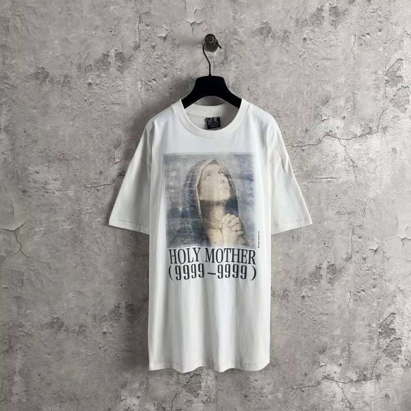 T-shirt Saint Print pour Hommes et Femmes, Motif Lettres Avant et Arrière, Coupe Oversize, Style Vin
