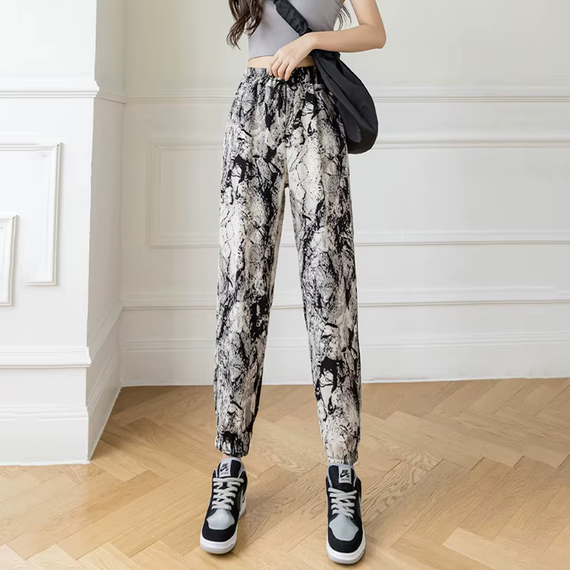 Pantalon sarouel d'été fin taille haute pour femmes, décontracté, soie glacée, secoueur, neuf points