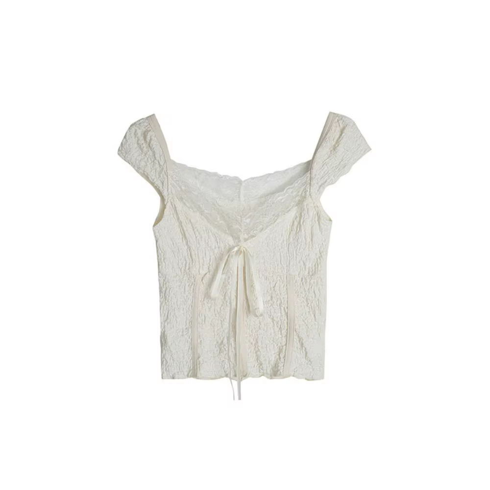 T-shirt court moulant à manches courtes pour femme, style coréen, avec nœud en dentelle, tendance In