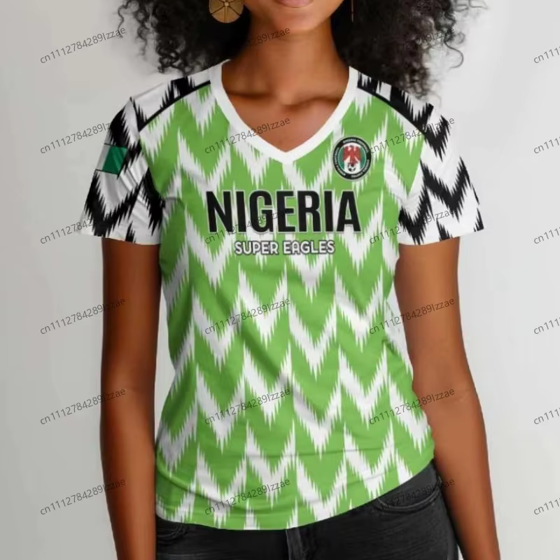 T-shirt de supporter de football inspiré du Nigéria pour femme, motif aigle vert et blanc, col en V,