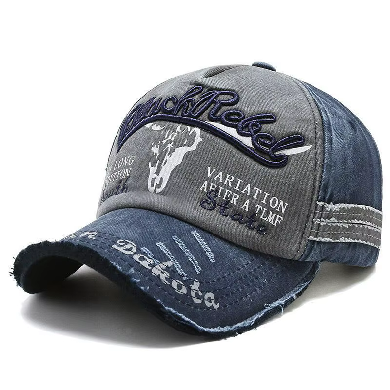 Casquette de camionneur en denim rétro pour homme avec broderie de taureau, surdimensionnée, délavée