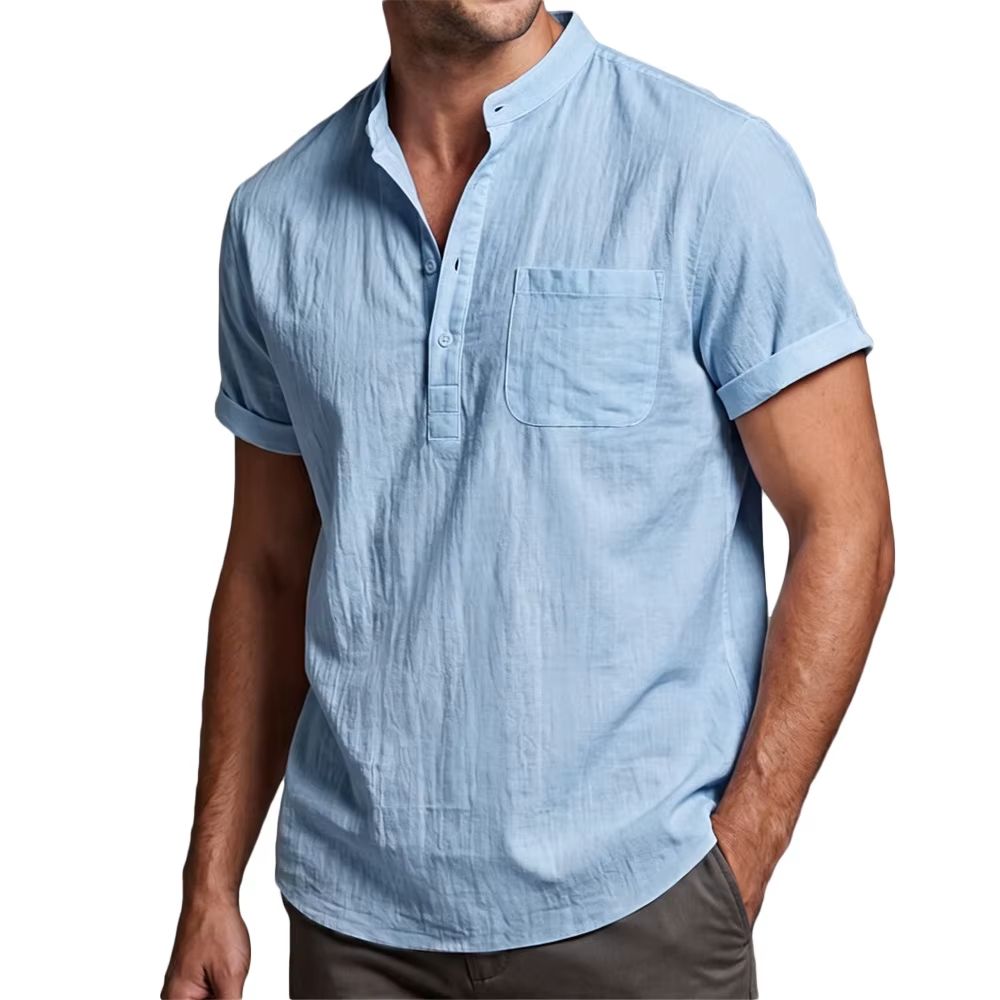 T-shirt en coton et lin pour homme, couleur unie, respirant, léger, col Henley, manches courtes, sty