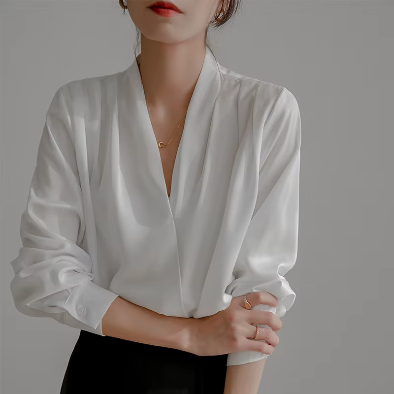 Chemise professionnelle vintage française blanche à manches longues pour femme, pour le printemps
