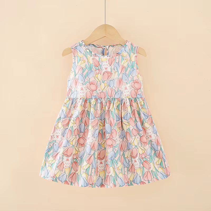 Robe d'été en coton pour filles, vêtements à fleurs, sans manches, tenue de princesse de fête, vêtem