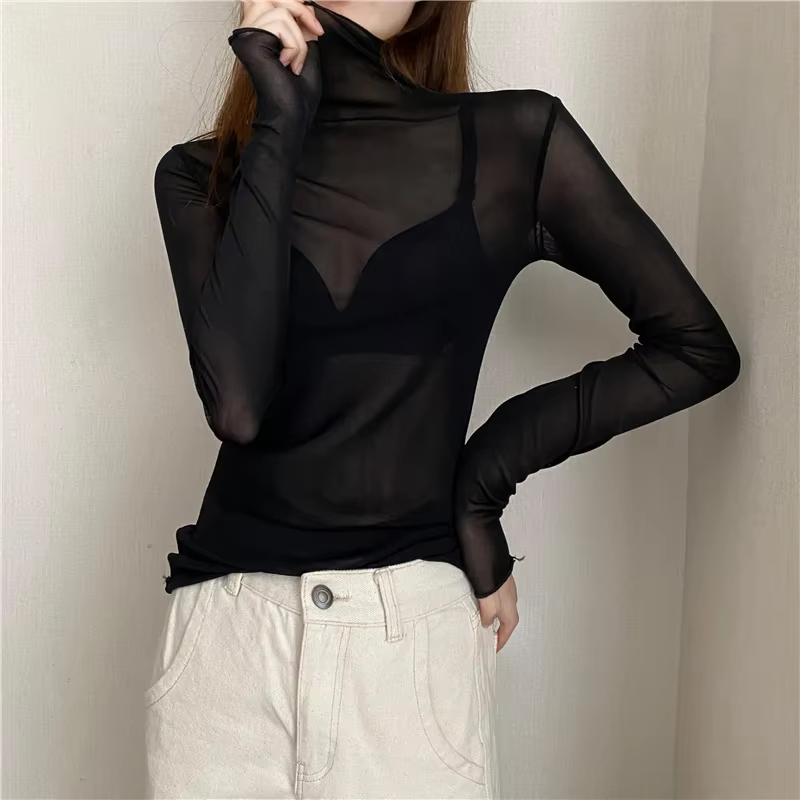 T-shirt à col roulé à manches longues transparentes pour femmes, chemises en maille pour filles, t-s