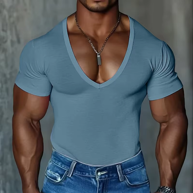 Vintage col en V t-shirts pour hommes été à la mode coupe ajustée Stretch à manches courtes T-shirt 