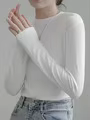 T-shirt à manches longues en coton blanc pour femme, vêtement de couleur pure, sans doublure