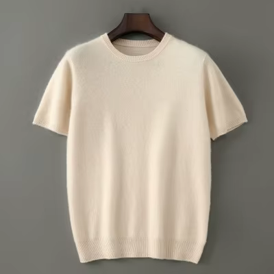 T-shirt tricoté en cachemire pur à 100% pour hommes, pull à col rond et manches courtes, pull ample 