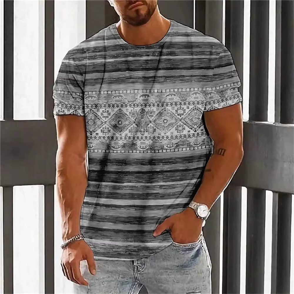 Bohème impression 3D T-Shirt pour hommes ethnique col rond manches courtes hauts géométrique Harajuk