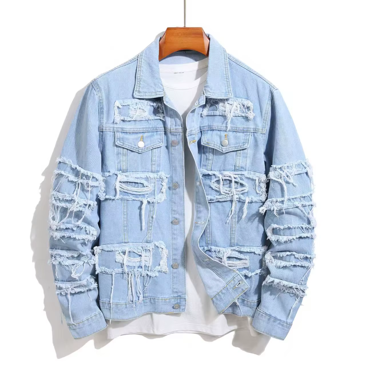 Veste en jean déchirée pour hommes, Style de rue, épissage empilé, vêtements Slim, manteaux de moto 