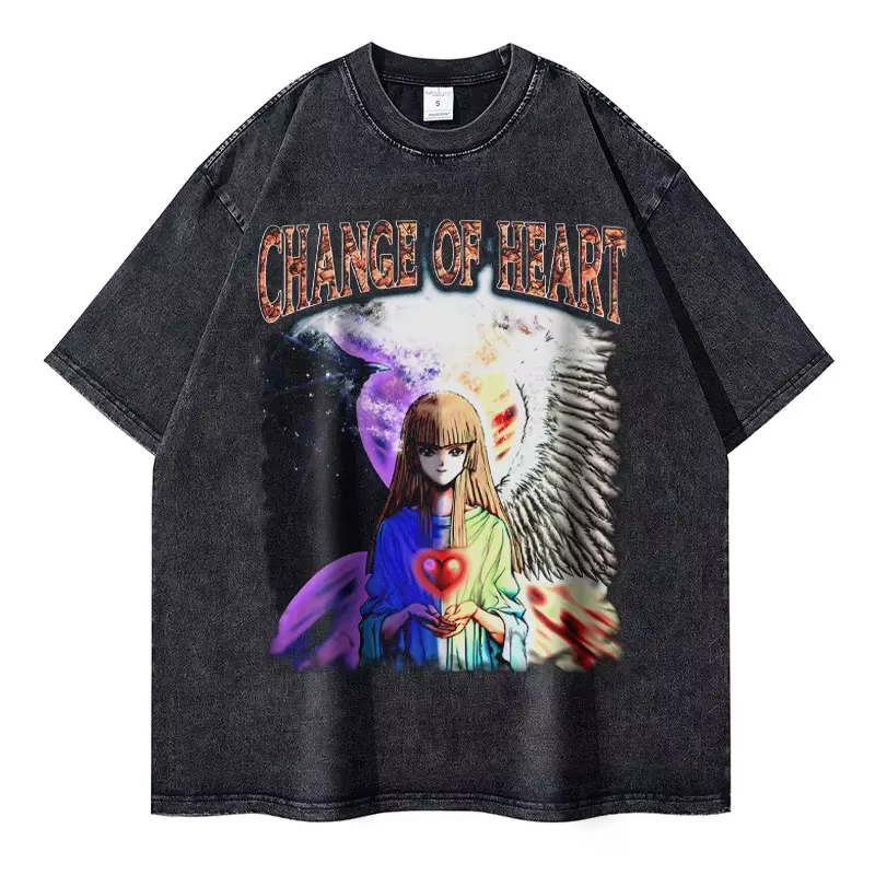 T-shirts Anime Yu-Gi-Oh Vintage Noir Délavé Magicien Ample Y2K Streetwear Manga Yugi Mutou Manches C