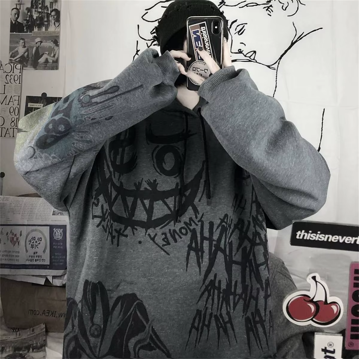 Gothique japon dessin animé Hip Hop sweat à capuche surdimensionné femmes printemps automne drôle Pu