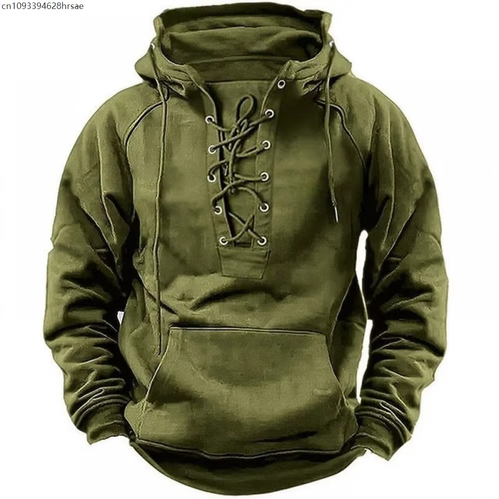 Hommes cordon sweat Vintage à lacets à capuche pulls amples chemises automne hiver à manches longues