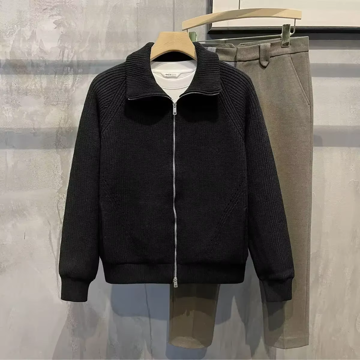 Vêtements pour hommes veste zippée pull en tricot homme fermeture éclair plaine vert couleur unie Ca
