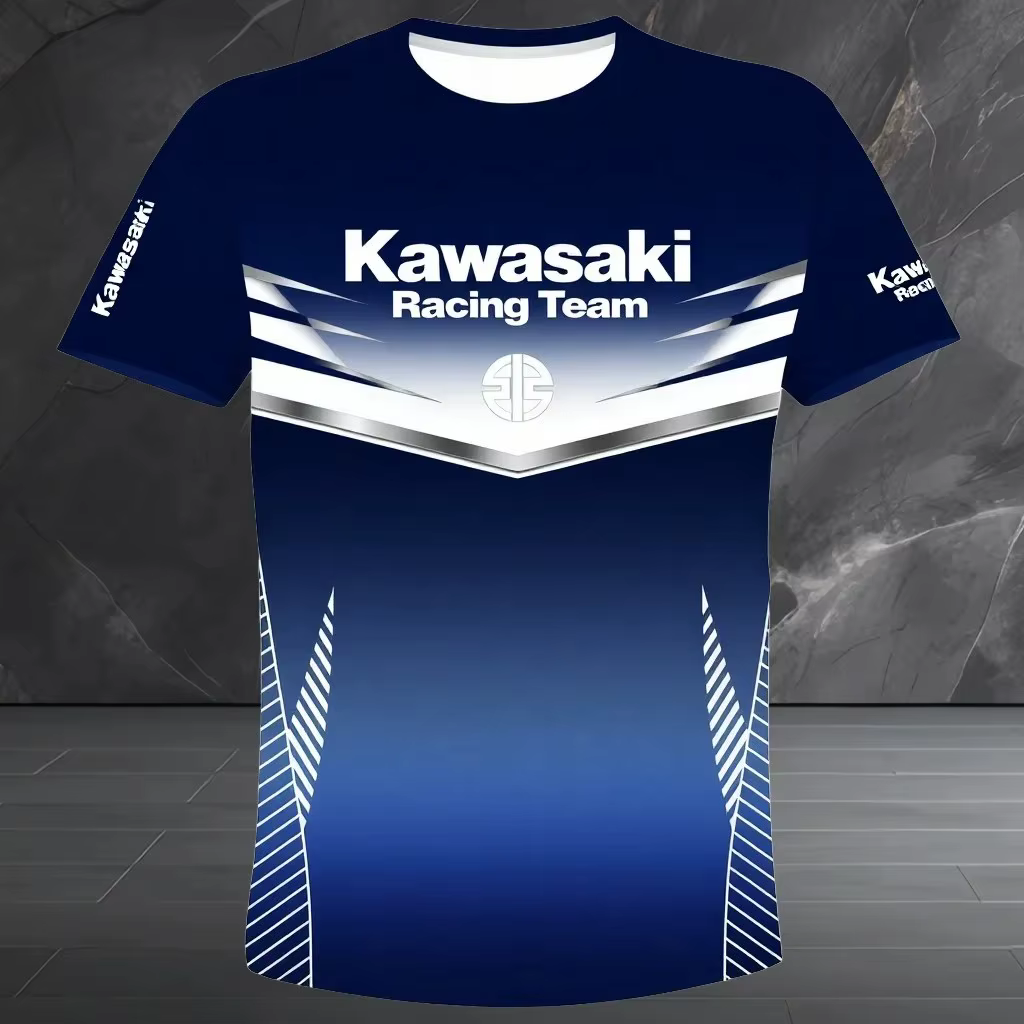 T-shirt imprimé à manches courtes de l'équipe Kawasaki Racing, style course, haut décontracté à col 