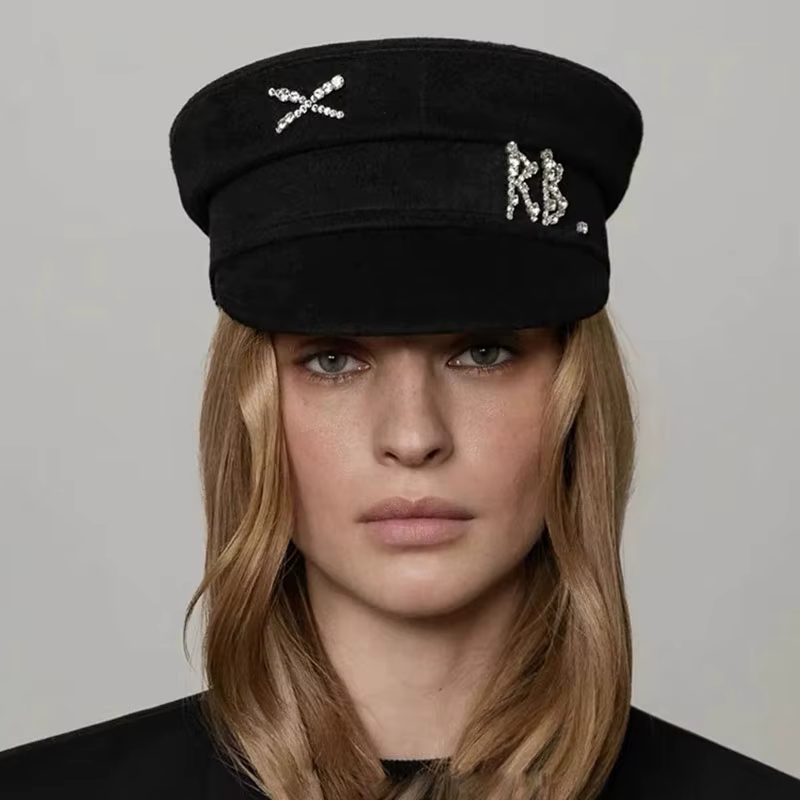 Casquettes gavroche en laine pour femmes, casquette plate avec lettre en diamant, chapeau de bureau 