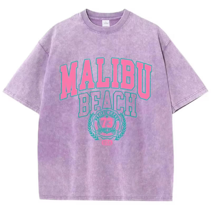 Malibu-T-shirt de plage en coton délavé pour femme, imprimé de lettres, confortable, col rond, décon