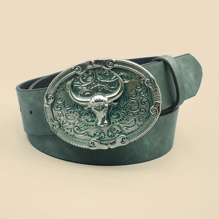 Ceinture décontractée verte de style occidental rétro avec boucle en alliage antique, un accessoire 