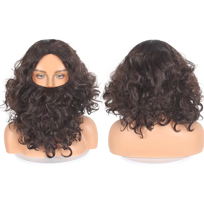 Accessoire de cheveux pour homme, ensemble perruque et barbe marron jésus, bouclé, résistant à la ch
