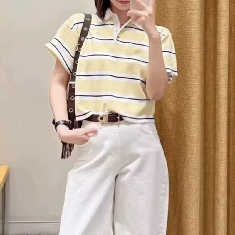 T-shirt brodé pour femme, jaune, à rayures contrastées, décontracté et polyvalent, col rabattu, haut