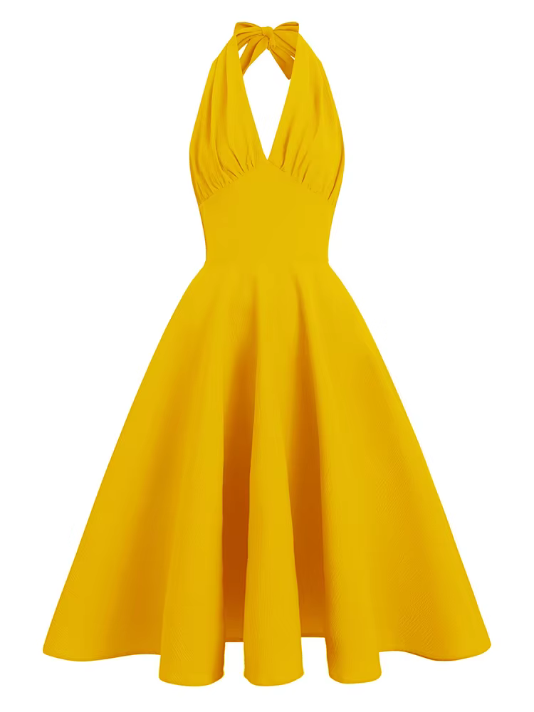 Tonval-Robe trapèze à col en V pour femme, vêtements sexy, col licou, style vintage, couleur jaune u