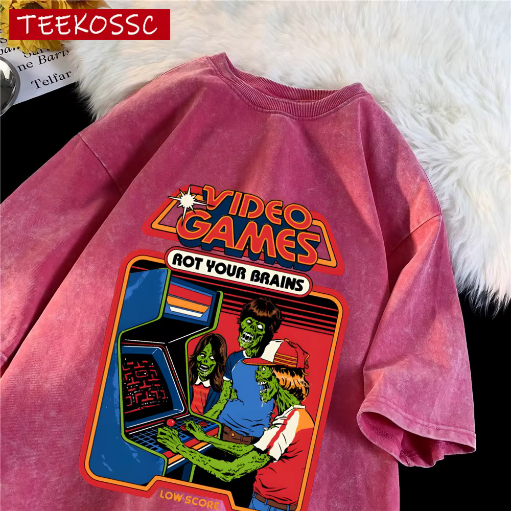 Jeux vidéo Rot Your Brains imprimé délavé hommes T-Shirt été mode t-shirts doux coton col rond court