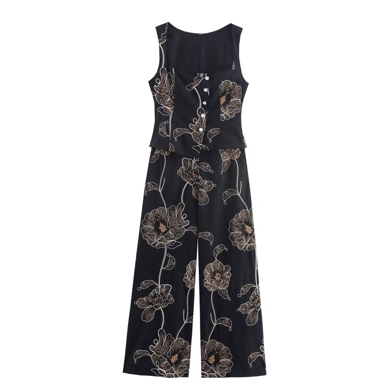 KAOPU ZA – gilet et pantalon brodés de Style de rue pour femmes, costume taille haute, jambe droite,
