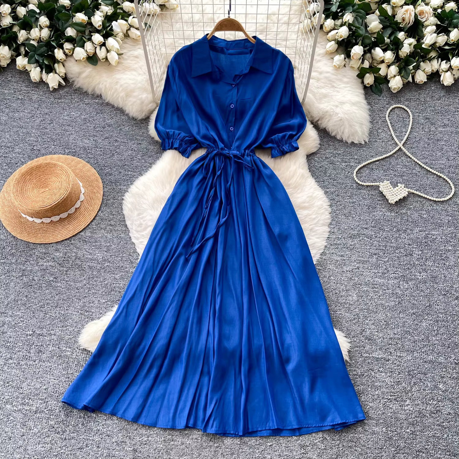 Robe longue femme, style chemise, coupe trapèze, Y2K Streetwear, taille ajustée, manches courtes, él