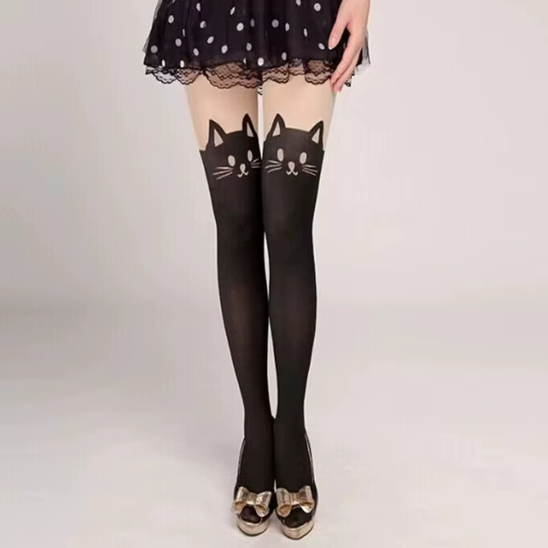 Femmes mignon chat noir imprimé soie genou chaussettes décontracté cuisse coton chaud haut sur genou