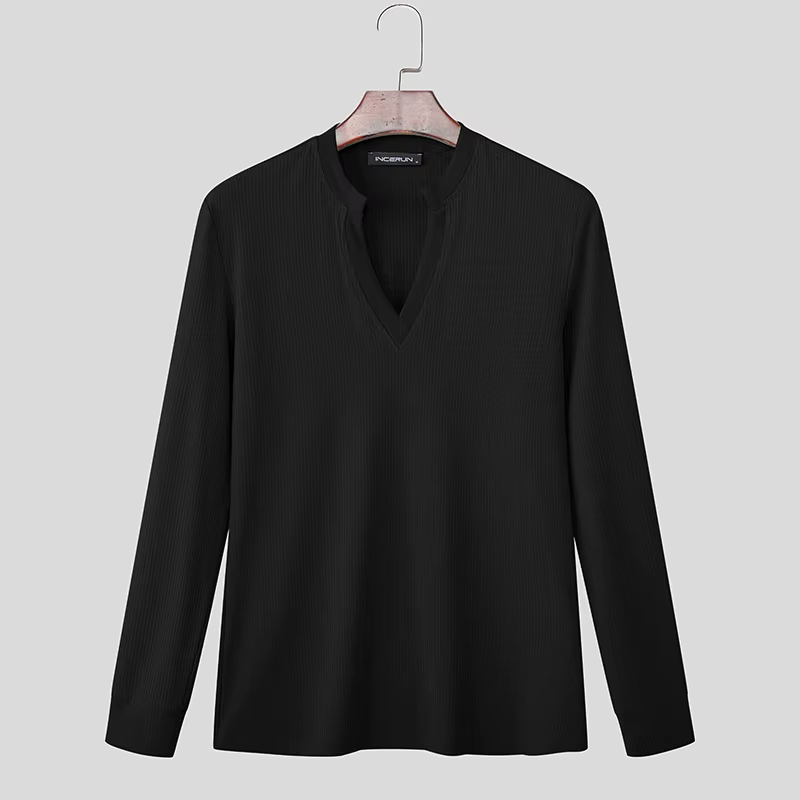 INCERUN hommes t-shirt couleur unie col en V à manches longues tricoté Streetwear mâle t-shirt hauts