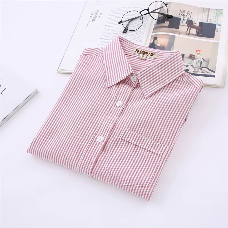 Chemise rayée en coton à manches longues pour femmes, chemisiers à revers décontractés, vêtements si