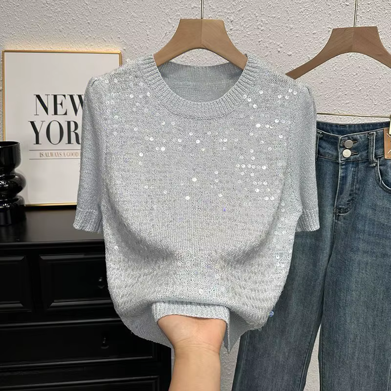 Pull d'été T-shirt à manches courtes pour femmes, tempérament et à la mode, pull polyvalent à manche