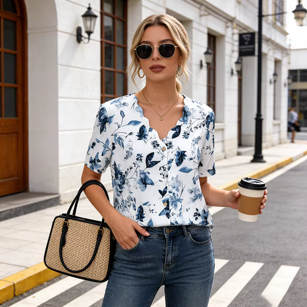 T-shirt à col en V à imprimé floral bleu et blanc - Blouse décontractée à manches courtes avec détai