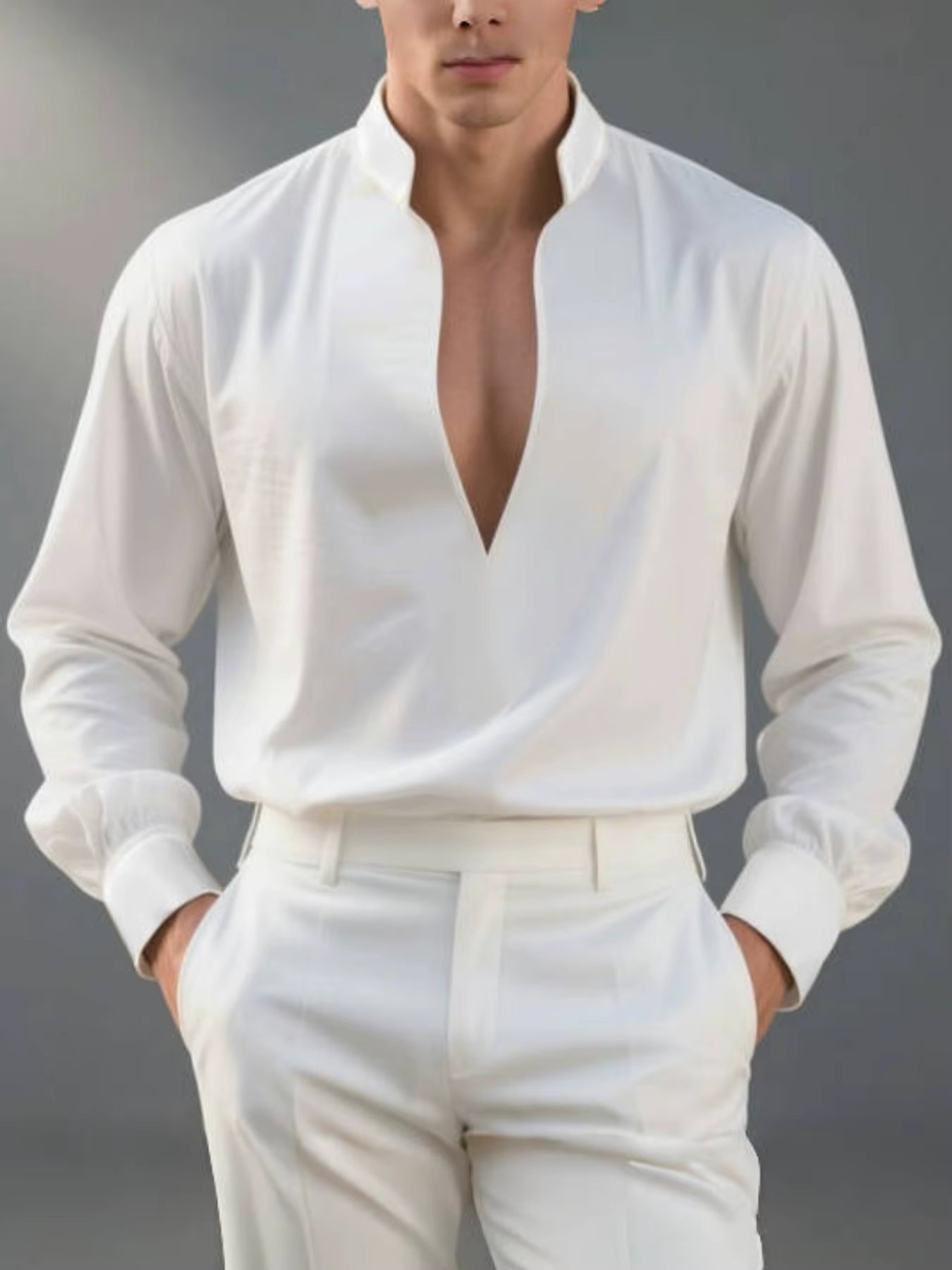 Chemise blanche pour hommes, col en V profond, manches longues, col montant, solide, chemises formel