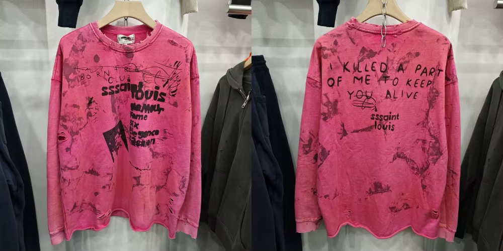 Sweat-shirt col rond rose vintage premium avec slogan Saint devant et derrière, style streetwear déc