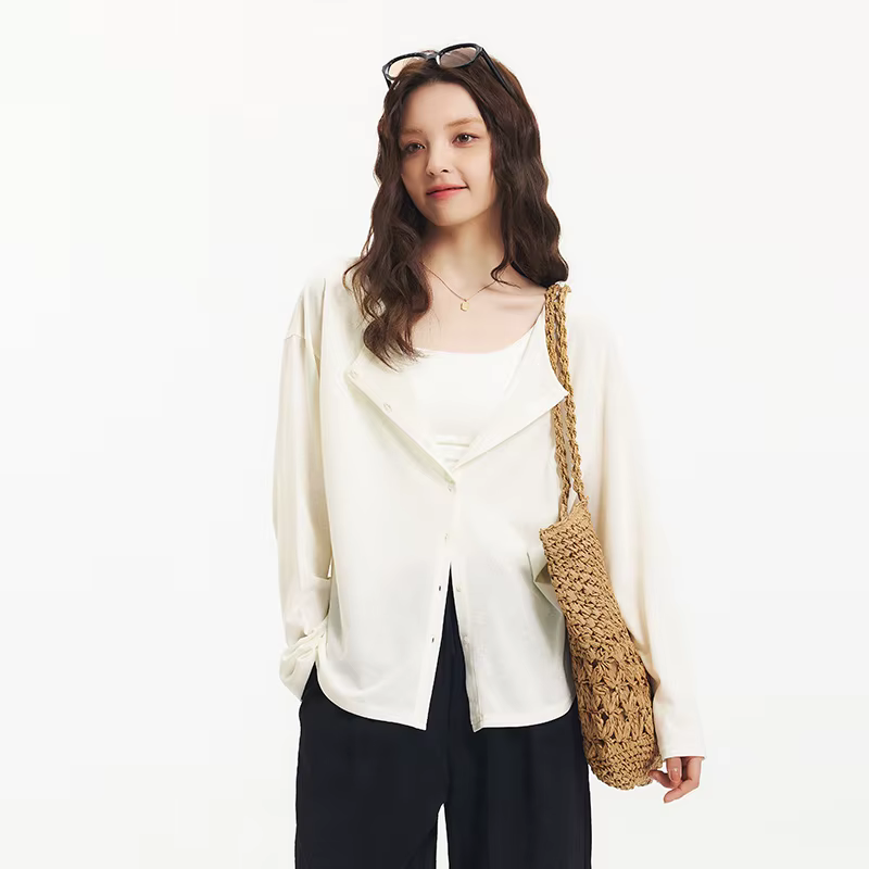 Semir-T-Shirt à Manches sulfet Col en U pour Femme, Cardigan de Couleur Unie, Minimaliste et Élégant