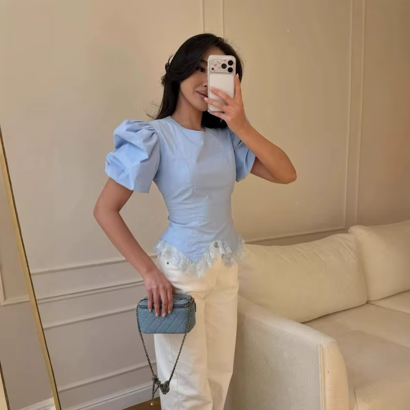 T-shirt Femme à Manches Bouffantes et Dentelle Patchwork, Blouse Décontractée d'Été à Manches Courte