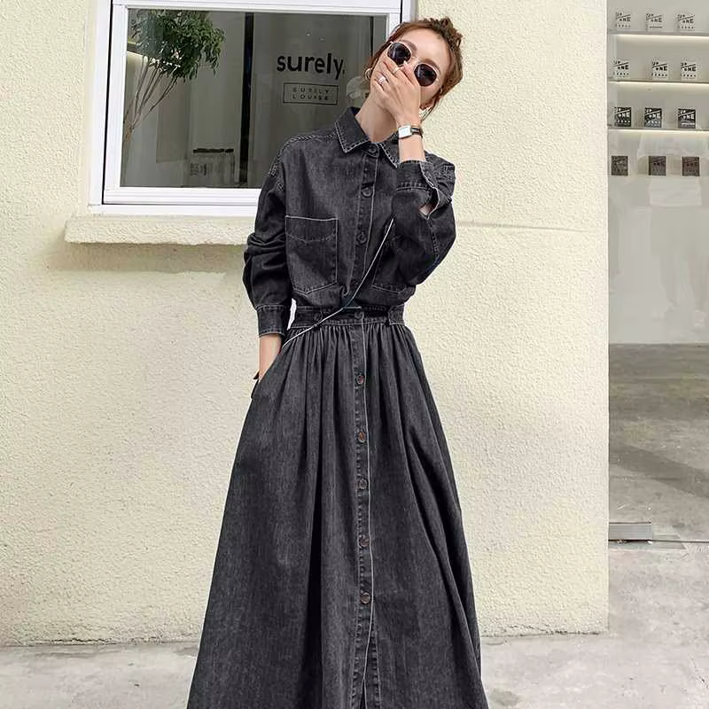 Robe longue en jean pour femmes, ligne A, simple boutonnage, Streetwear, col rabattu, manches longue