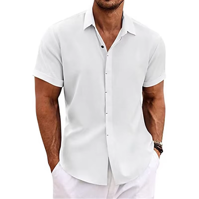 Soldes d'été : Chemises décontractées en coton et lin pour hommes, style plage, à manches courtes, c