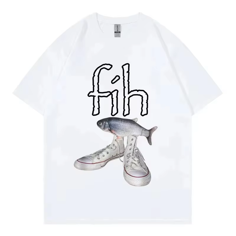 Drôle nouveau Style offre spéciale Fih chaussures graphique T-shirts Misspelled poisson Meme T-shirt