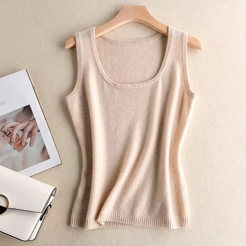 Camisole en cachemire et laine, haut tricoté avec col rond de couleur unie, chemise à bascule en lai