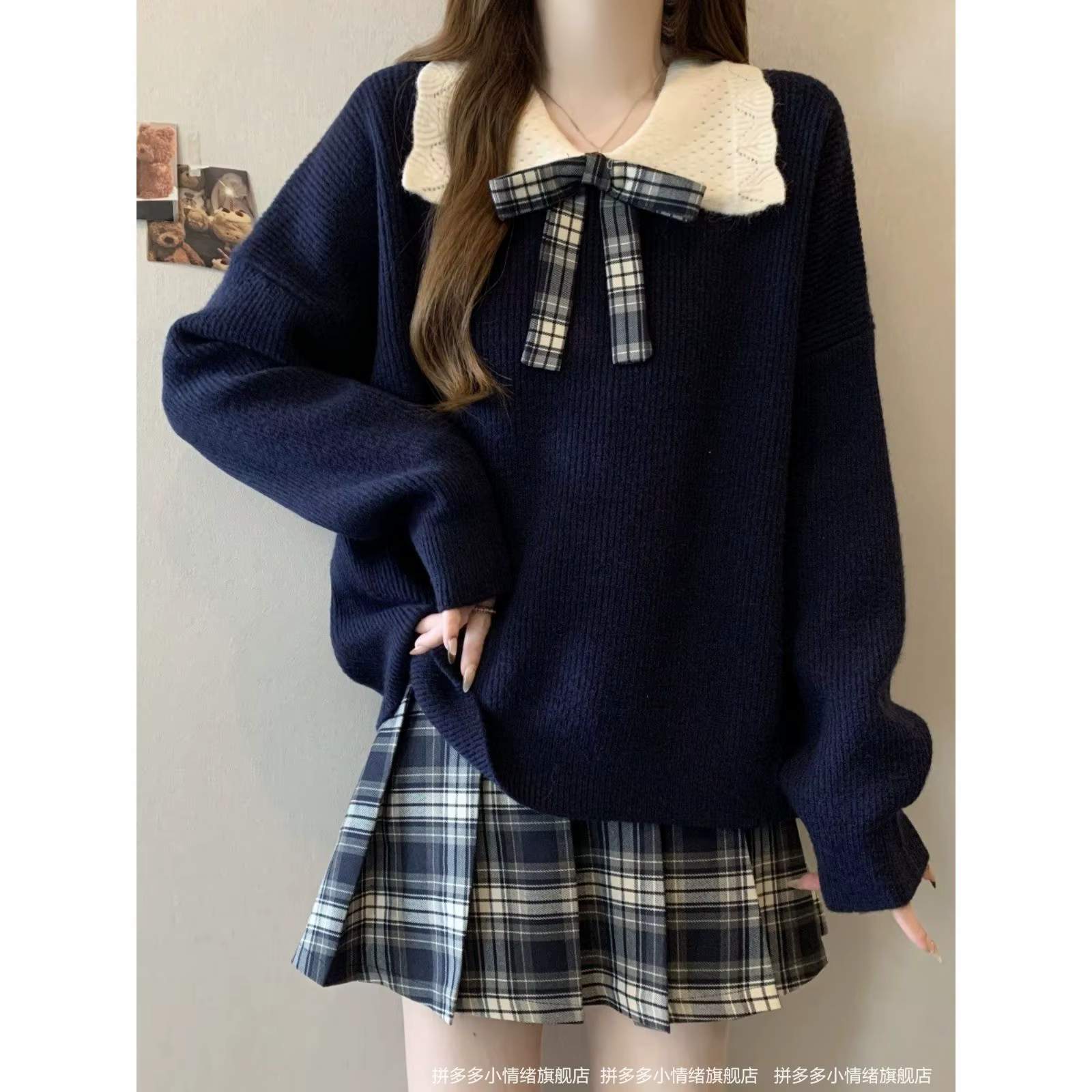 Pull oversize bleu marine pour femme, col Claudine, pull chaud, col Peter Pan blanc et nœud à carrea