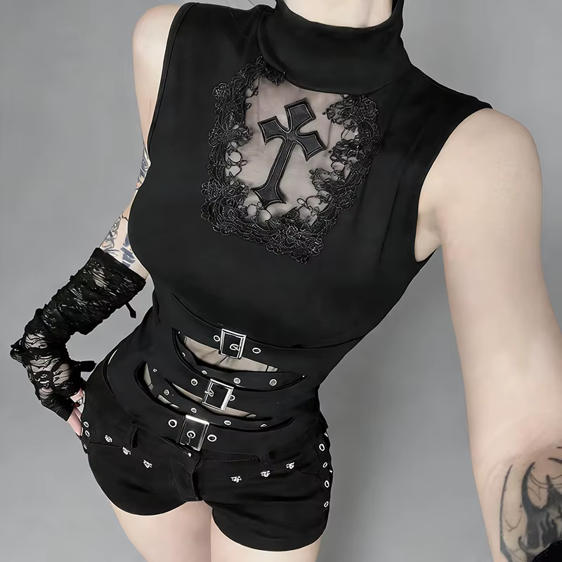 [You're My Secret] Top sans manches à col haut tendance, T-shirt gothique brodé croix, Top transpare